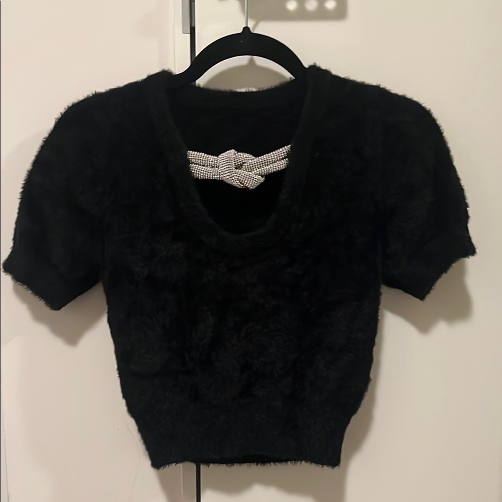 Black Alexander Wang Fuzzy Knit Top with Crystal Knot